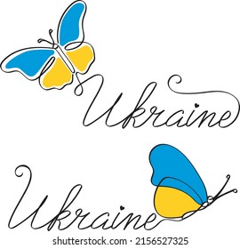 Simple Butterfly One Line Drawing. Ukraine Butterflies One Line Drawing With Yellow And Blue Wings. The concept of Support and love for Ukraine and the Ukrainian people. Vector illustration