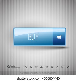 Simple button BUY on the neutral gray background with icons.