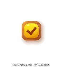 Simple button, yellow square and check mark, vector design icon isolated on white background. Cartoon item for game design, ui, app and others web interface. Object for creating mobile and video games
