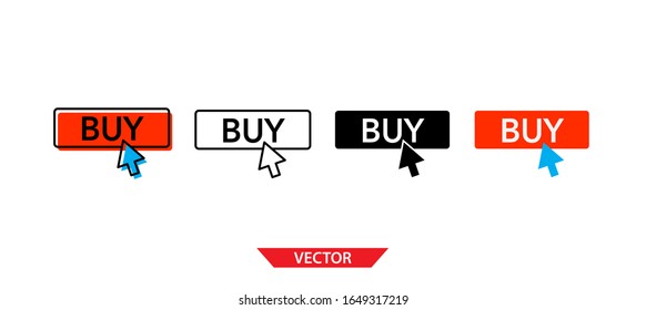 Simple buy click button with arrow pointer icon on white background 4 types such as outline, black, color, outline and color. Vector illustration.