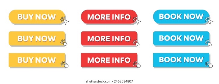 Simple Buy Now, More Info, Book Now Web Button Set with hand pointer or arrow pointer modern minimal style vector