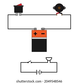 Simple Buzzer Circuit. Battery And Switches. Vector Illustration On White Background.