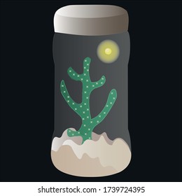 Cactus Simple En Un Jar Con El Sol En El Fondo Negro