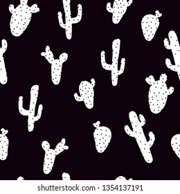 A simple cactus pattern. Black background, cute white cacti. The print is well suited for textiles,Wallpaper,banner,postcards and packaging.