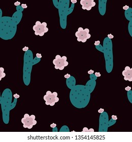 A simple cactus pattern . Black background, cute green cacti with pink flowers. The print is well suited for textiles,Wallpaper,banner,postcards and packaging.