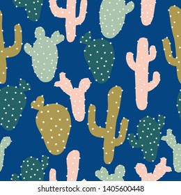 A simple cactus pattern. Blue background, funny cacti. The print is well suited for textiles,postcards and banners.