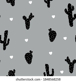 Simple cactus pattern. Cute black abstract cacti. Gray background. Vector texture. Fashionable print for Wallpaper and textiles.