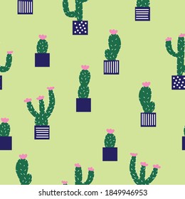 Simple cactus pattern. Cute cacti with flowers . Pale green background. Vector texture. Fashionable bright print for packaging and Wallpaper.