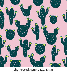 A simple cactus pattern. Pink background, cute cacti with flowers. The print is well suited for textiles,Wallpaper,packaging and postcards.