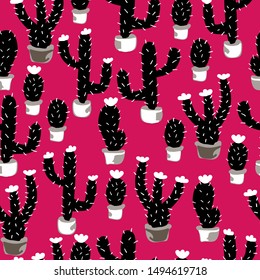 A simple cactus pattern. Red background, black funny cacti in pots. Print is well suited for textiles, Wallpapers and banners, packaging.