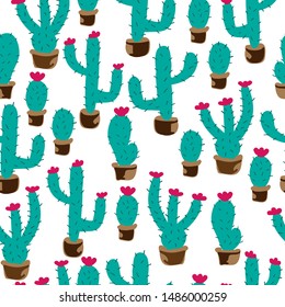A simple cactus pattern. White background, funny cacti with potted flowers. The print is well suited for textiles, Wallpaper and packaging.