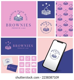 SIMPLE CAKE BROWNIES LOGO WITH ICON AND PATTERN SET