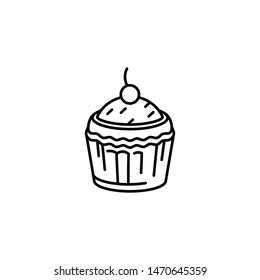 Simple cake icon, confectionery black sign, flat line stroke symbol pictogram isolated on white background for bakery, candy shop, web, mobile app, pictogram, logo, infographics, social media element