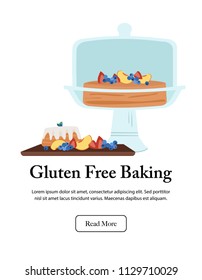 Simple cake on pedestal next to fruit tray. Bakery display. Isolated vector illustration.