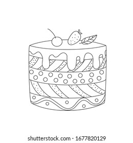 A simple cake with an ornament, layers, decoration. Hand drawn vector illustration, black lines on white, Doodle, sketch.Cute coloring book for children.