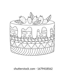 A simple cake with an ornament, layers, decoration. Hand drawn vector illustration, black lines on white, Doodle, sketch.Cute coloring book for children.