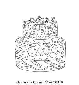 A simple cake with an ornament, layers, decoration. Hand drawn vector illustration, black lines on white, Doodle, sketch.Cute coloring book for children.