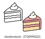 Simple cake slice illustration with a colored version and an outline version, cute and minimal style suitable for icons, stickers, food graphics, kids content, and coloring pages.