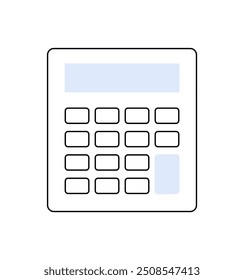 Ícone de calculadora simples com tela grande e botões, ideal para conceitos financeiros, contábeis e matemáticos. Útil em apresentações educacionais, financeiras e tecnológicas. Tema preto e branco.