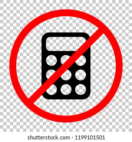 simple calculator icon. Not allowed, black object in red warning sign with transparent background