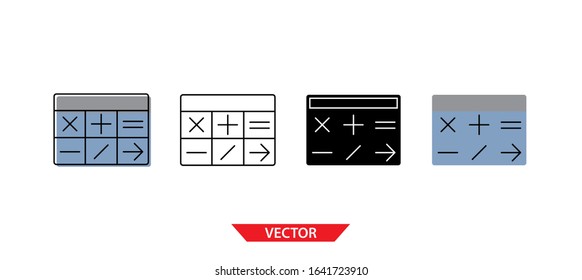 Simple calculator icon on white background 4 types such as outline, black, color, outline and color. Vector illustration.