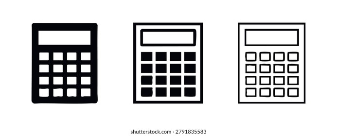 Simple calculator icon set. Basic arithmetic device symbol in solid, outlined, and hand-drawn styles.