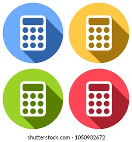 simple calculator icon. Set of white icons with long shadow on blue, orange, green and red colored circles. Sticker style