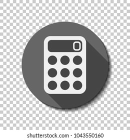 simple calculator icon. White flat icon with long shadow in circle on transparent background