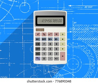 Simple calculator illustration with drop shadow effect on blueprint background