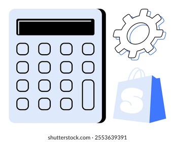 Simple calculator next to a gear and shopping bag. Ideal for finance, e-commerce, shopping, accounting, and digital tools themes. Clean vector style suitable for modern applications