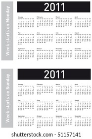 Simple Calendar for 2011. Both versions: week starting on Sunday and Monday, in vectors.