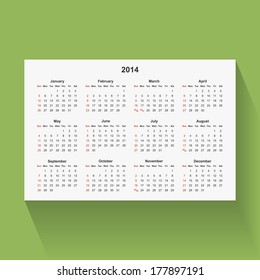 Simple calendar for 2014 isolated on green background. Week starts from Sunday.