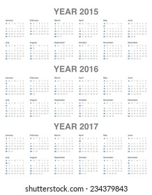 Simple calendar for 2015, 2016 and 2017