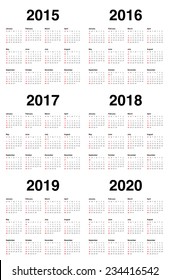 Simple calendar 2015 2016 2017 2018 2019 2020