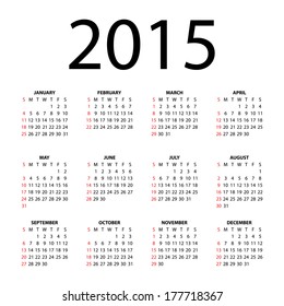 Simple calendar for 2015 on white background. Vector EPS10.