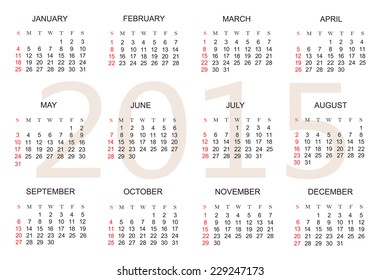 Simple calendar 2015.Vector illustration.