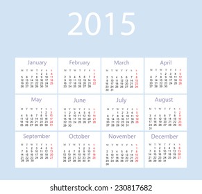 Simple calendar 2015.Vector illustration.