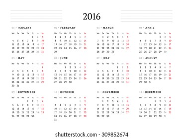 Simple Calendar for 2016. 12 Months. Week Starts Monday