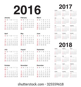 Simple calendar for 2016 2017 2018