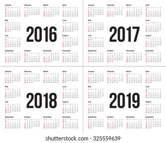 Simple calendar for 2016 2017 2018 2019