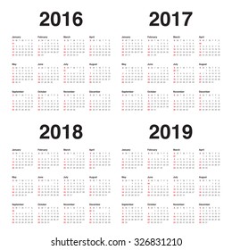 Simple calendar for 2016 2017 2018 2019