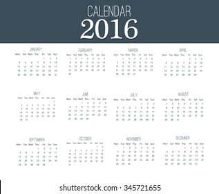Simple calendar 2016. Abstract calendar for 2016. 12 Months. Vector template design 