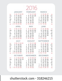 Simple calendar for 2016 on White Background. Week starts Sunday