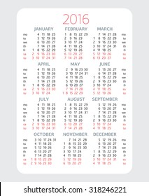 Simple calendar for 2016 on White Background. Week starts Monday