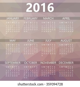 Simple calendar 2016 with polygon background