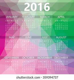 Simple calendar 2016 with polygon background