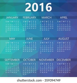 Simple calendar 2016 with polygon background