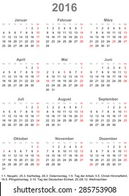 Simple calendar 2016 starts Monday with public holidays for Germany in a portrait format