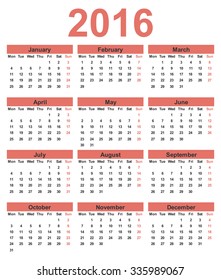 Simple calendar 2016. Week starts on Monday.