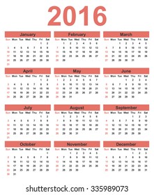 Simple calendar 2016. Week starts on Sunday. 
